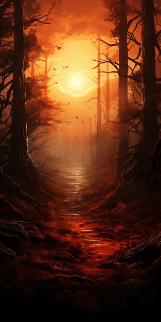 a forest with sunlight and trees at sunseteerily realistic dark red and brown god rays