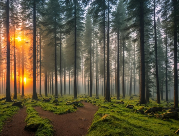 A forest with a sunset in the background