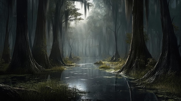 A forest with a swamp and a tree with moss hanging from it