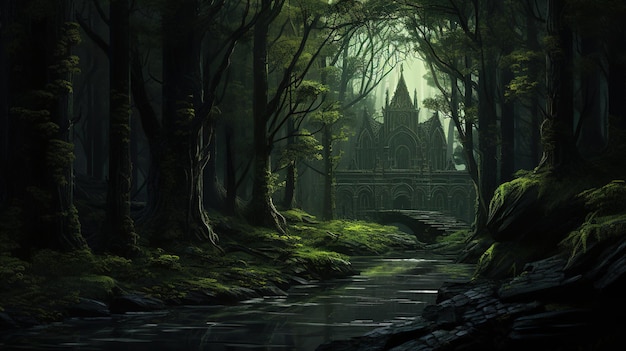 A forest with a temple in the background