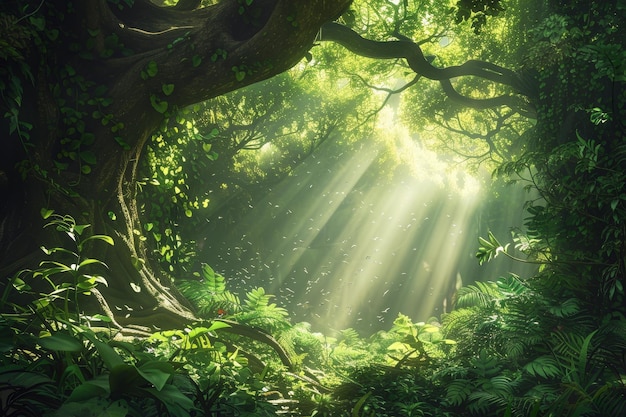 A forest with a tree in the foreground and a path leading to it