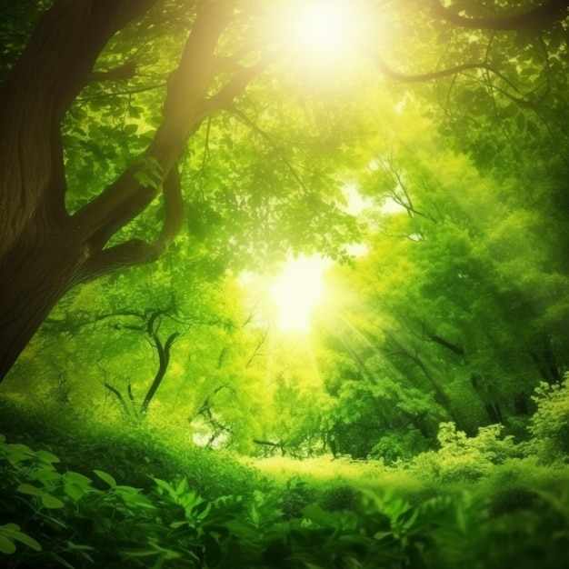 A forest with a tree and the sun shining on it