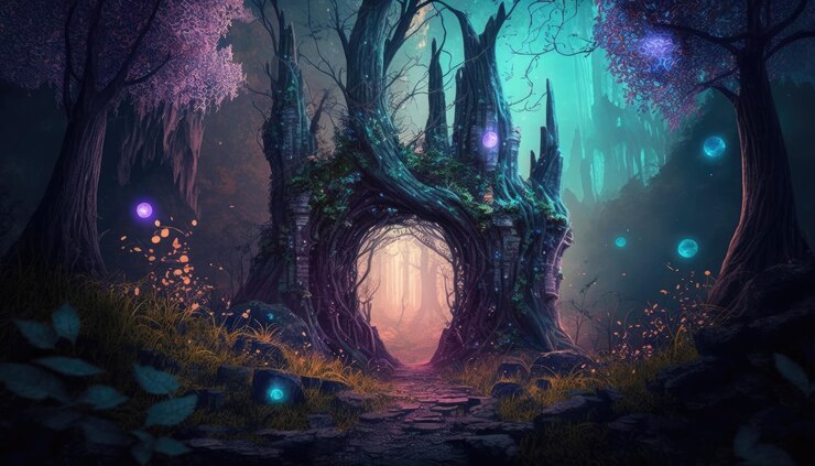 Photo a forest with a tree and a tunnel with a light on it