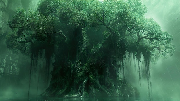 a forest with a tree in the water