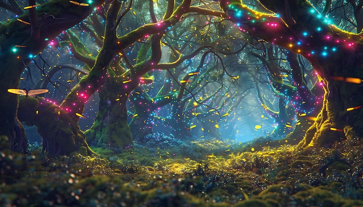 Photo a forest with a tree with colorful lights and a tree with the word sprinkles on it