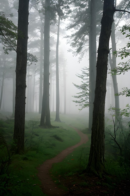 A forest with trees and fog