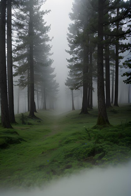 a forest with trees and fog