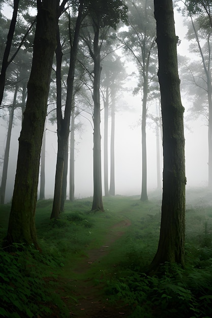 a forest with trees and fog