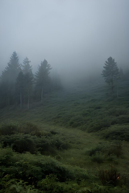 Foto una foresta con alberi e nebbia