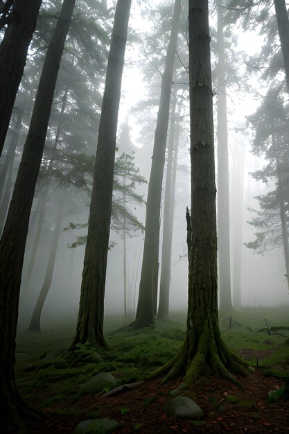 Foto una foresta con alberi e nebbia