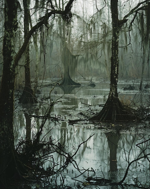 a forest with trees and a lake with a mossy trunk