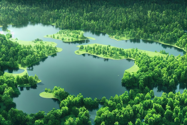 A forest with trees and a lake