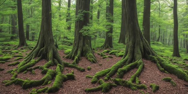 A forest with trees and moss on the floor