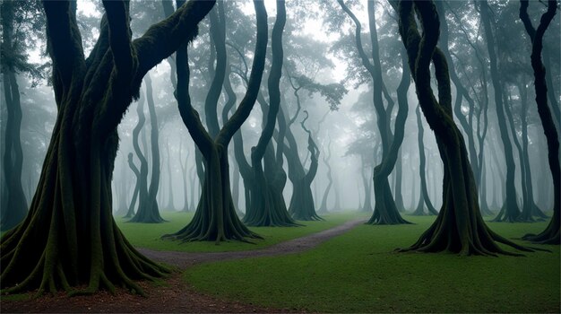 A forest with trees and a path that says'the road to heaven '