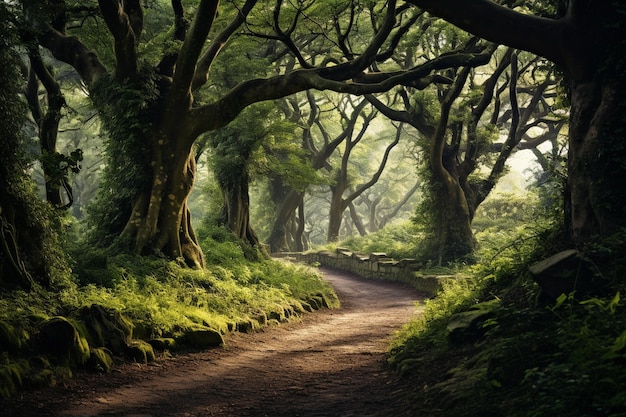 A forest with trees and a path