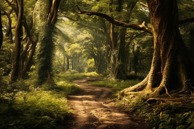 A forest with trees and a path