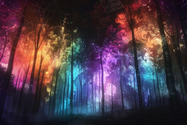 色彩の虹の木のある森