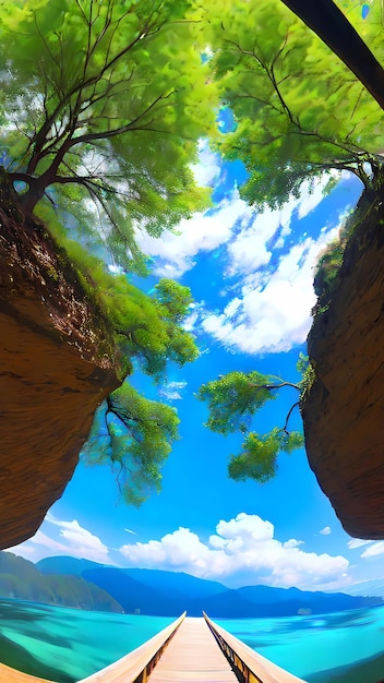 a forest with trees and rocks in the background