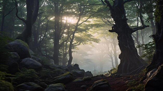 a forest with trees and rocks