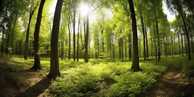 A forest with trees and the sun shining through the leaves