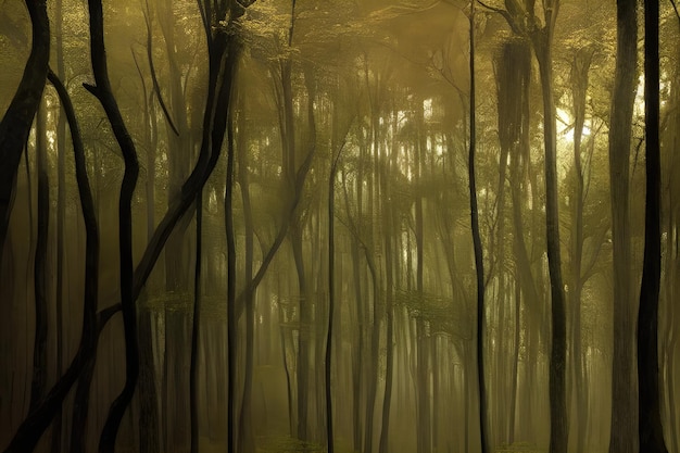 A forest with trees and the sun shining through the trees