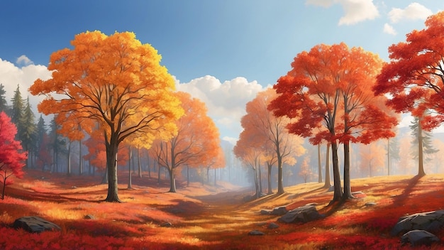 A forest with a vibrant autumn