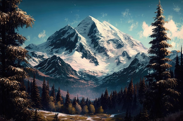 Forest with view of snowcapped mountain peak surrounded by blue sky