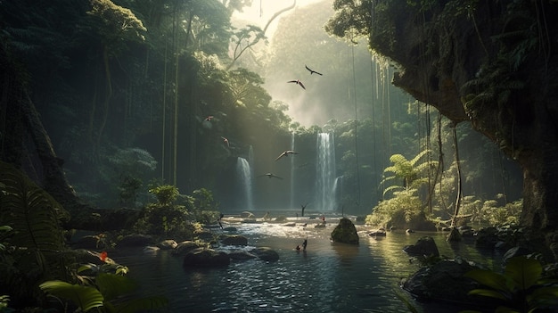 A forest with a waterfall and birds flying above it