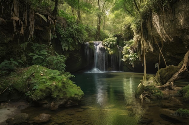 Forest with waterfall cascading water into natural pool created with generative ai