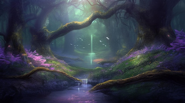 A forest with a waterfall and a green tree with a light in the middle.