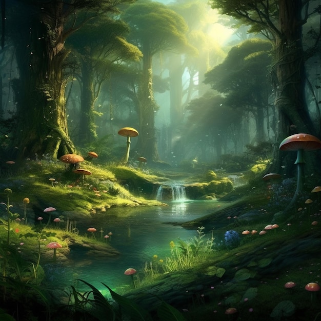 A forest with a waterfall and a mushroom pond