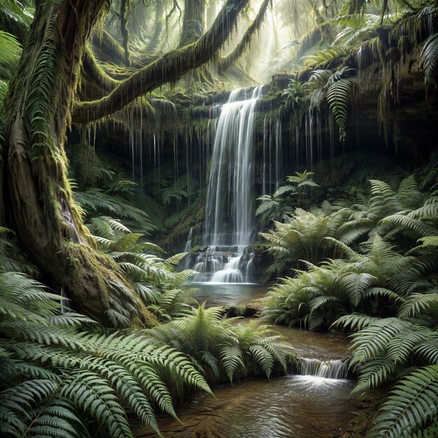 a forest with a waterfall and a waterfall in the background