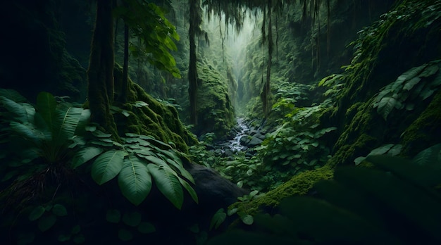 A forest with a waterfall and a waterfall in the background