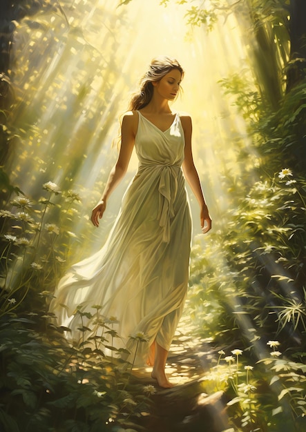 숲을 는 여자 빛 아래 서 있는 봄의 신