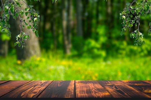 Forest wooden table background summer sunny meadow with green grass forest trees background and rust...