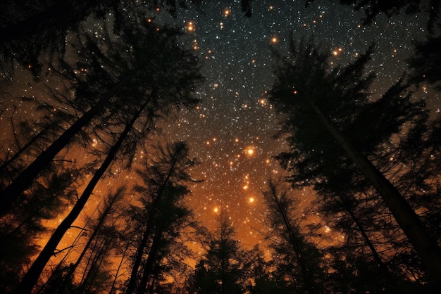 a forest in the woods under the autumn night sky