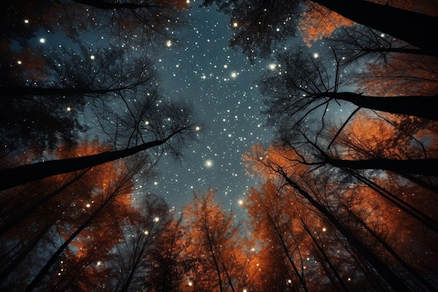 a forest in the woods under the autumn night sky