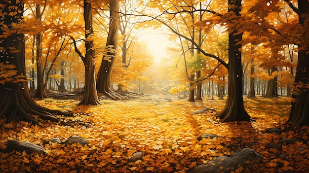 森の黄色い葉が落ちる 若い周囲の金色の色彩が 毛深いパズルが立って 景色を澄ませる 死んだ