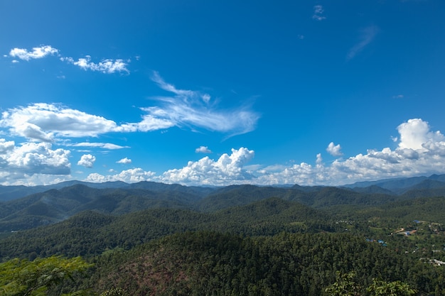 Forested mountains and sky.