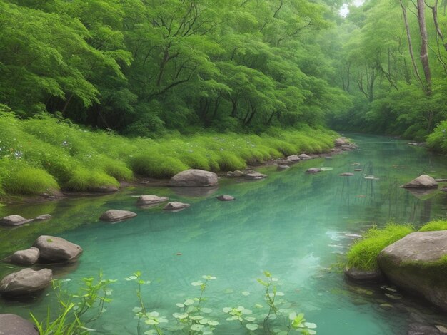 Forested river under cloudy sky