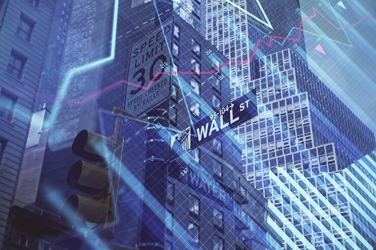 Photo forex chart on cityscape with tall buildings background multi exposure financial research concept