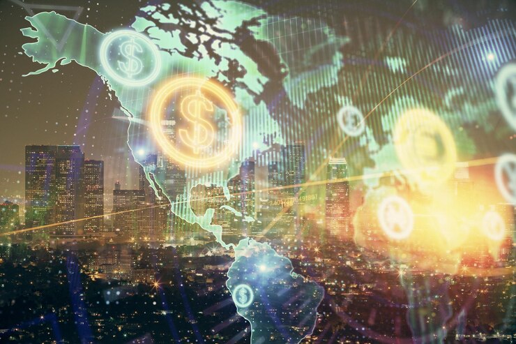 Forex chart on cityscape with tall buildings background multi exposure Financial research concept