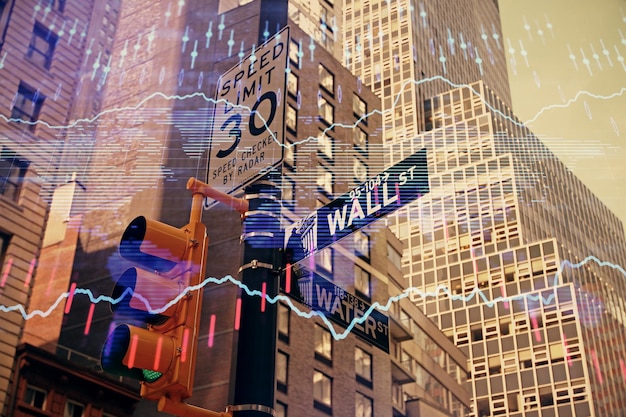 Photo forex chart on cityscape with tall buildings background multi exposure financial research concept