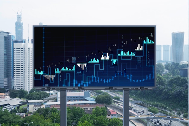 Forex en beurs grafiek hologram op weg billboard over panorama uitzicht op de stad van Kuala Lumpur KL is het financiële centrum in Maleisië Azië Het concept van internationale handel