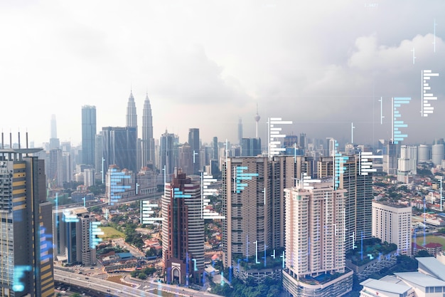 Forex en beurs grafiek hologram over panorama uitzicht op de stad van Kuala Lumpur KL is het financiële centrum in Maleisië Azië Het concept van internationale handel Dubbele blootstelling