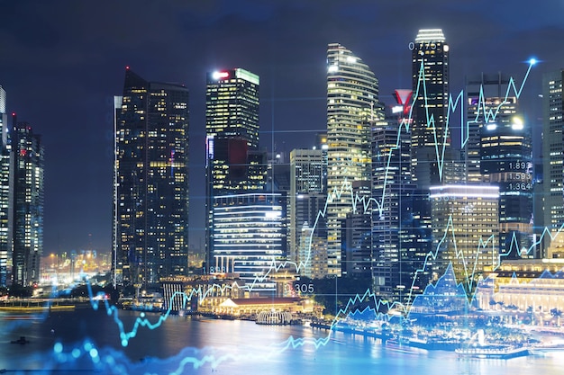 FOREX grafiek hologram luchtfoto nacht panoramisch stadsgezicht van Singapore de ontwikkelde locatie voor beursonderzoekers in Azië Het concept van fundamentele analyse Dubbele belichting