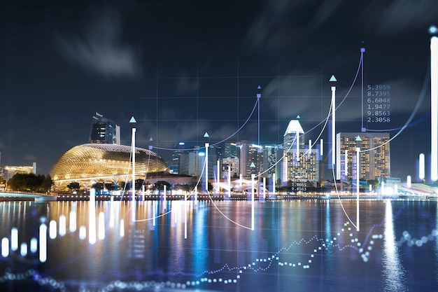 FOREX grafiek hologram luchtfoto nacht panoramisch stadsgezicht van Singapore de ontwikkelde locatie voor beursonderzoekers in Azië Het concept van fundamentele analyse Dubbele belichting