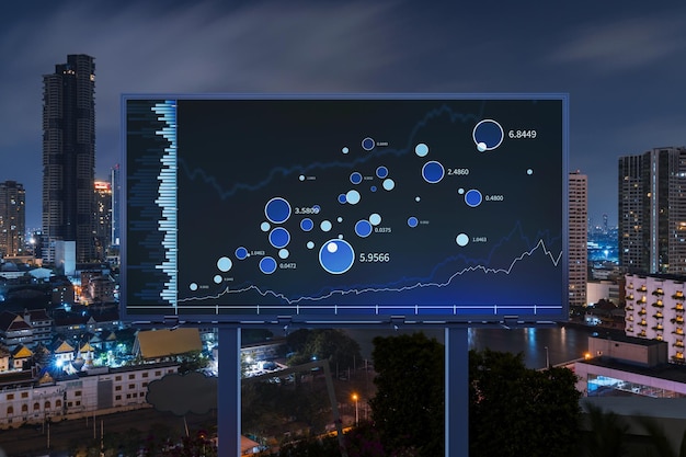 FOREX grafiek hologram op billboard luchtfoto nacht panoramisch stadsgezicht van Bangkok De ontwikkelde locatie voor beursonderzoekers in Zuidoost-Azië Het concept van fundamentele analyse