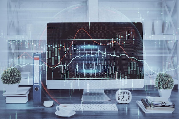 Forex grafiek hologram op tafel met computer achtergrond Dubbele blootstelling Concept van financiële markten