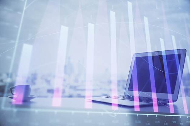 Forex grafiek hologram op tafel met computer achtergrond Multi-exposure Concept van financiële markten